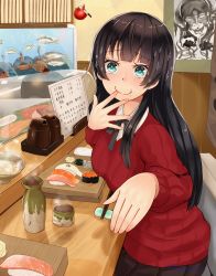 Rule 34 | 1girl, agano (kancolle), alternate costume, bad id, bad pixiv id, black hair, black skirt, blue eyes, chopsticks, commentary request, fish, food, kantai collection, long hair, long sleeves, narushima kanna, pleated skirt, red shirt, shirt, skirt, smile, solo, sparkle, sushi, twitter username, when you see it