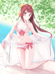 Rule 34 | 1girl, absurdres, bad id, bad pixiv id, bikini, blush, bow, breasts, brown hair, commentary request, frilled bikini, frills, hair bow, highres, jacket, kamikaze (kancolle), kantai collection, kneeling, long hair, looking at viewer, mismatched bikini, nose blush, pink bikini, red eyes, see-through, see-through jacket, small breasts, solo, swimsuit, velchi, white jacket, wooden floor, yellow background