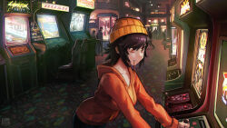 1girl arcade arcade_cabinet beanie black_hair black_pants brand_name_imitation carpet closed_mouth collarbone commentary commission controller crane_game english_commentary food food_in_mouth hair_between_eyes hat highres hood hoodie indoors joystick leaning_forward letro looking_at_screen medium_hair orange_hoodie original pants people playing_games pocky pocky_in_mouth red_eyes sidelocks signature standing video_game yellow_hat