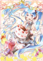 Rule 34 | 1girl, bad id, bad pixiv id, blue eyes, blue hair, cake, detached sleeves, envelope, food, fruit, gift, hatsune miku, headset, highres, long hair, looking at viewer, matching hair/eyes, necktie, open mouth, paper chain, sakuragi ren, skirt, solo, star (symbol), strawberry, thighhighs, twintails, very long hair, vocaloid