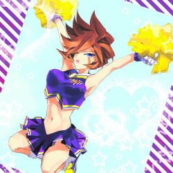Rule 34 | 1girl, artist request, blue eyes, breasts, brown hair, cheerleader, covered erect nipples, female focus, genda koujirou, gender request, genderswap, gloves, image sample, inazuma eleven, inazuma eleven (series), jumping, large breasts, navel, open mouth, pixiv sample, pom pom (cheerleading), resized, solo, wink