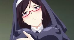 Rule 34 | 1girl, animated, animated gif, blush, breasts, brown hair, character request, covered erect nipples, female focus, glasses, grabbing own breast, in heat, large breasts, looking at viewer, lowres, nun, open mouth, purple eyes, short hair, solo, source request