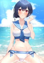 Rule 34 | 1girl, absurdres, bare shoulders, barefoot, bikini, bird, black hair, blue neckerchief, blue ribbon, blue sailor collar, blue sky, blush, bow, breasts, clenched hand, closed mouth, cloud, collarbone, day, gawawawa, hair bow, hair bun, hair ribbon, hand up, highres, horizon, idolmaster, idolmaster shiny colors, lens flare, looking at viewer, morino rinze, navel, neckerchief, ocean, outdoors, partially submerged, red eyes, ribbon, sailor bikini, sailor collar, sailor swimsuit (idolmaster), seagull, short hair, side-tie bikini bottom, sitting, sky, small breasts, solo, sunlight, swimsuit, wariza, wet, wet clothes, wet face, wet swimsuit, white bikini