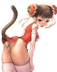 Rule 34 | 1girl, ass, blue eyes, brown hair, cat tail, china dress, chinese clothes, clothes lift, double bun, dress, dress lift, elbow gloves, from behind, gloves, hair bun, highres, leaning forward, lolihorn, looking at viewer, looking back, open mouth, original, panties, pantyshot, grabbing own breast, short hair, simple background, skindentation, solo, tail, thighhighs, thighs, underwear, white gloves, white thighhighs
