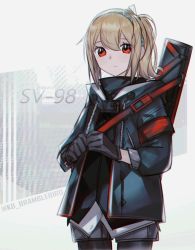 Rule 34 | 1girl, attache case, bag, black gloves, black pantyhose, blonde hair, blue hairband, bolt action, character name, commentary, english commentary, expressionless, flower, girls&#039; frontline, gloves, hair ribbon, hairband, highres, kky, pantyhose, parka, red eyes, ribbon, short ponytail, shorts, sniper rifle, solo, sv-98, sv-98 (girls&#039; frontline)