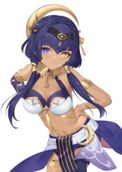 Rule 34 | 1girl, absurdres, arm warmers, bare shoulders, black hair, blue eyes, breasts, candace (genshin impact), cleavage, cowboy shot, dark skin, egyptian clothes, eye of horus, frown, genshin impact, hands on own hips, headdress, heterochromia, highres, jewelry, kuroida, long hair, looking at viewer, low twintails, medium breasts, midriff, navel, neck ring, revealing clothes, single arm warmer, solo, stomach, twintails, yellow eyes