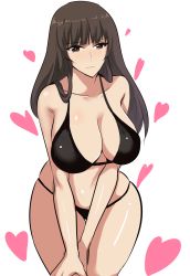 Rule 34 | 10s, 1girl, bikini, breasts, brown eyes, brown hair, cleavage, cowboy shot, curvy, girls und panzer, heart, hifumi hajime, highres, large breasts, leaning forward, long hair, looking at viewer, mature female, nishizumi shiho, smile, solo, swimsuit, wide hips