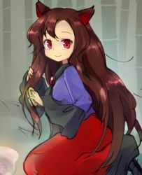 Rule 34 | 1girl, animal ears, bamboo, bamboo forest, brown hair, brushing hair, brushing own hair, forest, gradient background, imaizumi kagerou, long hair, nature, red eyes, solo, striped, striped background, tona (nekotte), touhou, wolf ears