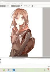 Rule 34 | 1girl, arrow (symbol), bag, brown bag, brown eyes, brown hair, brown sailor collar, brown serafuku, brown skirt, chinese commentary, chinese text, clenched hand, closed mouth, commentary, cowboy shot, enpera, hair between eyes, hair ornament, hairclip, icon (computing), kagerou project, long sleeves, looking at viewer, mekakucity actors, mixed-language commentary, neckerchief, no nose, pleated skirt, red scarf, sailor collar, scarf, school bag, school uniform, screencap, serafuku, simple background, simplified chinese text, sketch, skirt, sleeve cuffs, solo, tateyama ayano, tohikou (user yolenka), translation request, unfinished, upper body, user interface, white background, white neckerchief