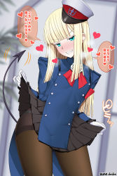 Rule 34 | 1girl, black pantyhose, blush, breasts, buttons, demon tail, double-breasted, fate/grand order, fate (series), gloves, grin, hat, heart, highres, long hair, looking at viewer, lord el-melloi ii case files, panties, panties under pantyhose, pantyhose, pleated skirt, reines el-melloi archisorte, skirt, small breasts, smile, solo, tail, thighband pantyhose, translation request, unadon, underwear, white gloves, white panties