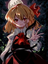 Rule 34 | 1girl, ascot, black dress, black skirt, black vest, blonde hair, blood, blood from mouth, collared shirt, darkness, dress, forest, full moon, hair ribbon, highres, looking at viewer, moon, nature, night, night sky, puffy sleeves, red ascot, red eyes, red ribbon, ribbon, rumia, shirt, short hair, skirt, sky, smile, solo, star (sky), sutaku77224, touhou, tree, vest, white shirt