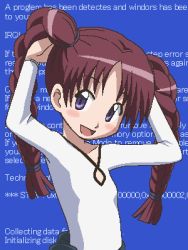 Rule 34 | 00s, 1girl, awa, blue screen of death, blush, braid, brown hair, child, chloe (spice and wolf), english text, engrish text, jaggy lines, long hair, long sleeves, looking at viewer, lowres, oekaki, open mouth, purple eyes, ranguage, shirt, smile, solo, spice and wolf, twin braids, twintails, white shirt