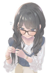 Rule 34 | 1girl, absurdres, bespectacled, black hair, blue vest, blush, bracelet, braid, braiding hair, collarbone, flying sweatdrops, glasses, hairdressing, highres, holding, holding own hair, idolmaster, idolmaster shiny colors, jewelry, kazano hiori, mole, mole under mouth, purple eyes, shirt, simple background, smile, solo, twin braids, umirororo, upper body, vest, watch, white background, white shirt, wristwatch