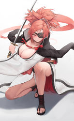 Rule 34 | 1girl, absurdres, baiken, breasts, cleavage, eyepatch, gradient background, grey background, guilty gear, guilty gear strive, hair ribbon, highres, holding, holding sword, holding weapon, katana, kneeling, large breasts, long hair, long sleeves, looking at viewer, on one knee, pigone, ponytail, red eyes, red hair, ribbon, scar, scar across eye, solo, sword, toes, weapon, white ribbon, wide sleeves
