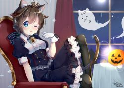 Rule 34 | 1girl, :3, ahoge, animal ears, bell, black dress, black pantyhose, blue eyes, blush, braid, breasts, brown hair, cat ears, cat tail, chair, crown, dress, frilled dress, frills, full moon, ghost, gloves, hair flaps, halloween, halloween costume, indoors, jack-o&#039;-lantern, joujou, kantai collection, moon, night, one eye closed, pantyhose, ribbon, shigure (kancolle), shigure kai ni (kancolle), short sleeves, sitting, solo, sparkle, table, tail, tongue, tongue out, twitter username, white gloves, window
