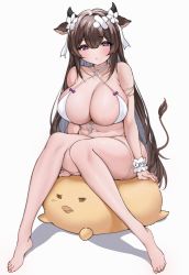 Rule 34 | 1girl, absurdres, animal ears, azur lane, bandaid, bandaid on head, barefoot, bikini, blush, breasts, brown hair, cleavage, commentary, cow ears, cow horns, cow tail, criss-cross halter, english commentary, expressionless, flower, full body, hair between eyes, hair flower, hair ornament, hair ribbon, halterneck, highres, horns, kashino (azur lane), kashino (hot springs relaxation) (azur lane), knees together feet apart, lamsass, large breasts, long hair, looking at viewer, manjuu (azur lane), navel, official alternate costume, parted lips, purple eyes, ribbon, simple background, sitting, solo, string bikini, swimsuit, tail, white background, white bikini, white ribbon, wrist cuffs