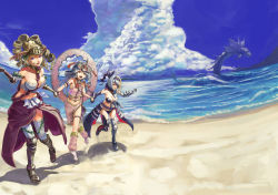 Rule 34 | 3girls, armor, athena (lord of vermilion), beach, blue hair, breasts, character request, cleavage, cloud, day, dragon, drill hair, eyepatch, fantasy, green hair, holding hands, helmet, jeanne d&#039;arc (lord of vermilion), lakshmi (lord of vermilion), large breasts, lord of vermilion, lord of vermillion, love plus plus, medium breasts, midriff, mizore akihiro, multiple girls, ocean, outdoors, purple eyes, red eyes, running, sky, small breasts