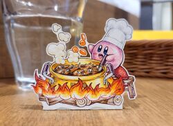 Rule 34 | 1boy, blue eyes, cauldron, chef hat, commentary, cooking pot, english commentary, fire, food, hat, highres, jqhnharqld, kirby, kirby (series), kirby cafe, log, male focus, nintendo, open mouth, smile, solo, steam, stew, unconventional media