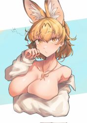 Rule 34 | 1girl, animal costume, animal ear fluff, animal ears, blonde hair, blush, breasts, cat ears, cat girl, choker, closed mouth, highres, huge breasts, iparupua, kemono friends, large breasts, looking at viewer, serval (kemono friends), shirt, short hair, simple background, solo, white shirt, yellow eyes