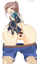 Rule 34 | 1girl, absurdres, anus, artist request, ass, brown eyes, brown hair, clothes pull, cowboy shot, croppled jacket, cutoffs, denim, denim shorts, from behind, hair over one eye, highres, leaning forward, looking at viewer, looking back, nanocore, presenting, pussy, pussy juice, shorts, shorts pull, simple background, solo, spread pussy, standing, swept bangs, tangxin, white background
