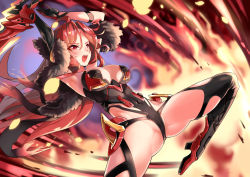 Rule 34 | 1girl, areola slip, armpits, arms up, ass, black gloves, black thighhighs, blush, breasts, cleavage, covered navel, fur trim, gloves, high heels, hm (hmongt), holding, holding sword, holding weapon, honkai (series), honkai impact 3rd, legs, long hair, murata himeko, murata himeko (vermillion knight), open mouth, red eyes, red hair, spread legs, sword, teeth, thighhighs, very long hair, weapon