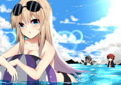 Rule 34 | 0 0, 1boy, 2girls, :o, afloat, arms up, ball, bathing, beachball, bikini, black bikini, black hair, black shirt, black wings, blue eyes, blue sky, blush, breast press, breasts, brown hair, cleavage, closed mouth, cloud, day, earrings, expressionless, eyewear on head, flat chest, frilled bikini, frills, highres, jewelry, jitome, leaning forward, lens flare, light rays, long hair, medium breasts, mountainous horizon, multiple girls, hugging object, ocean, open clothes, open mouth, open shirt, original, outdoors, partially submerged, red eyes, red hair, rimless eyewear, shirt, sidelocks, sky, splashing, straight hair, sunbeam, sunglasses, sunlight, surprised, swimsuit, tareme, untied bikini, very long hair, water, water drop, wings, zzb