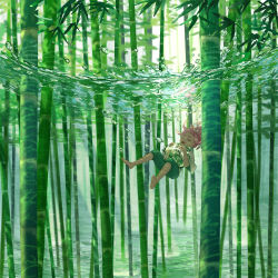 Rule 34 | 1girl, absurdres, bamboo, bamboo forest, barefoot, closed eyes, forest, highres, nature, original, pink hair, santo moco, underwater, water
