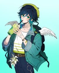 Rule 34 | 1boy, absurdres, androgynous, bag, bandaged arm, bandages, belt, black hair, blue hair, blush, braid, collarbone, cup, denim, drinking, drinking straw, drinking straw in mouth, feathered wings, feathers, flower, genshin impact, gradient hair, green background, green eyes, green hat, hair between eyes, hat, highres, holding, holding cup, jacket, jeans, long sleeves, looking at viewer, male focus, multicolored hair, pants, shohje, simple background, sleeves rolled up, solo, twin braids, venti (genshin impact), watch, white flower, wings, wristwatch