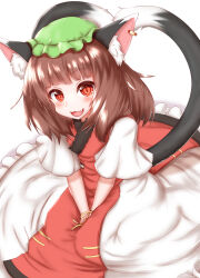 Rule 34 | 1girl, :3, :d, animal ear fluff, animal ear piercing, animal ears, blush, cat ears, cat tail, chen, commentary request, dress, earrings, fang, foul detective satori, from above, green hat, hands on lap, hat, heart, heart tail, highres, horokusa (korai), jewelry, long hair, looking at viewer, mob cap, multiple tails, nekomata, open mouth, red dress, red eyes, short sleeves, single earring, sitting, smile, solo, tail, touhou, two tails, v arms, wariza