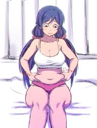 Rule 34 | 1girl, belly grab, breasts, cleavage, large breasts, long hair, love live!, love live! school idol project, low twintails, navel, othel (hatimorris), panties, plump, purple hair, scrunchie, sitting, solo, tank top, tears, tojo nozomi, twintails, underwear, weight conscious