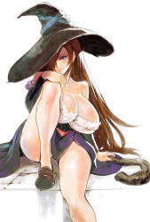 Rule 34 | 1girl, bare shoulders, breasts, brown eyes, brown hair, detached sleeves, dragon&#039;s crown, dress, hair over one eye, hat, huge breasts, long hair, nagasawa shin, simple background, sitting, smile, solo, sorceress (dragon&#039;s crown), staff, strapless, strapless dress, vanillaware, witch hat