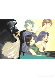 Rule 34 | 1boy, 5girls, absurdres, alternate costume, arms around neck, backless dress, backless outfit, bare shoulders, black hair, black jacket, blue eyes, blue hair, blue lips, blush, brown hair, couple, dancing, dress, emma sheen, eye contact, fa yuiry, formal, four murasame, gloves, gown, green eyes, green gloves, green shirt, gundam, hand on another&#039;s back, hetero, highres, jacket, kamille bidan, leg up, lipstick, long dress, long sleeves, looking at another, makeup, multiple girls, non-web source, official art, open mouth, page number, pako (pakosun), pink lips, purple hair, purple lips, reccoa londe, rosamia badam, scan, shirt, short hair, sleeveless, sleeveless shirt, smile, strapless, strapless dress, turtleneck, white dress, white shirt, zeta gundam, zeta gundam (mobile suit)