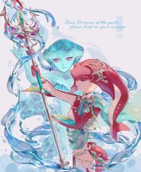 Rule 34 | 2girls, blue sash, blue skin, closed mouth, colored skin, earrings, english text, closed eyes, fish girl, jewelry, mipha, multiple girls, nintendo, polearm, princess ruto, purple eyes, red skin, sash, smile, the legend of zelda, trident, weapon