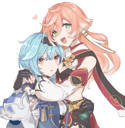 2girls :d :o antlers bare_shoulders barefoot black_bra blue_hair blush blush_stickers bow bra breast_press breasts cleavage commentary_request crop_top detached_sleeves eula_(genshin_impact) genshin_impact gloves green_eyes hair_between_eyes hairband heart highres holding_hands horns hug long_hair long_sleeves looking_at_viewer medium_hair midriff multiple_girls open_mouth pink_hair short_shorts shorts sidelocks simple_background small_breasts smile sushi_171 underwear weapon wide_sleeves yanfei_(genshin_impact) yellow_bow yellow_eyes