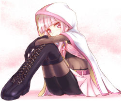 Rule 34 | 1girl, black gloves, boots, cloak, closed mouth, gloves, highres, hood, hood up, hooded cloak, looking at viewer, magia record: mahou shoujo madoka magica gaiden, magical girl, mahou shoujo madoka magica, navel, pink eyes, pink hair, skirt, smile, solo, tamaki iroha, white background