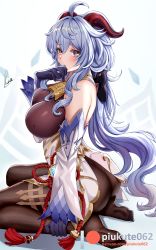 Rule 34 | 1girl, ahoge, ass, bare shoulders, bell, black bodysuit, blue hair, blush, bodystocking, bodysuit, breasts, cowbell, detached sleeves, ganyu (genshin impact), genshin impact, goat horns, gold trim, hair ribbon, highres, horns, large breasts, long hair, looking at viewer, low ponytail, parted lips, patreon username, piukute062, purple eyes, ribbon, seiza, signature, sitting, solo, watermark, web address