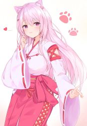 Rule 34 | 1girl, absurdres, animal ear fluff, animal ears, blush, breasts, brown background, cat ears, commentary request, gradient background, hair between eyes, hair ornament, hairclip, hakama, hakama skirt, hand up, heart, highres, japanese clothes, kimono, long hair, long sleeves, medium breasts, miko, nijisanji, pink hair, pink hakama, purple eyes, racchi., ribbon-trimmed sleeves, ribbon trim, shiina yuika, shiina yuika (3rd costume), skirt, solo, very long hair, virtual youtuber, white background, white kimono, wide sleeves