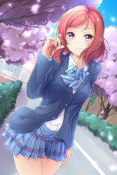 Rule 34 | 10s, 1girl, blazer, blue bow, blue bowtie, bow, bowtie, cherry blossoms, dutch angle, hand in own hair, highres, jacket, long sleeves, looking at viewer, love live!, love live! school idol project, morugen, nishikino maki, pleated skirt, purple eyes, red hair, school uniform, short hair, skirt, smile, solo, striped bow, striped bowtie, striped clothes, striped neckwear