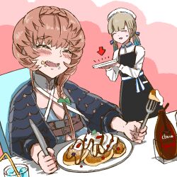 Rule 34 | 2girls, apron, arrow (symbol), black apron, black sleeves, blonde hair, blue hair, blue overalls, blush, braid, brown hair, buckle, chair, chocolate, clothing cutout, cream, crown braid, drinking straw, fate/grand order, fate (series), food, food on face, fork, glass, hair ribbon, hat, holding, holding fork, holding knife, holding plate, knife, multicolored hair, multiple girls, navel cutout, nemo (fate), on chair, open mouth, overalls, pancake, plate, puffy sleeves, ribbon, shimogamo (shimomo 12), side braid, sitting, sweatdrop, table, teeth, tongue, van gogh (fate), white headwear