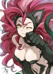 Rule 34 | 1girl, :3, ahoge, alternate color, alternate hair color, animal ears, animal hands, artist name, big hair, black fur, breasts, cat ears, cat girl, cat paws, cat tail, claws, cleavage, clenched hands, closed mouth, felicia (vampire), fur, hagiya kaoru, huge ahoge, looking at viewer, medium breasts, one eye closed, palette swap, paw pose, red hair, signature, slit pupils, smile, solo, tail, vampire (game), yellow eyes