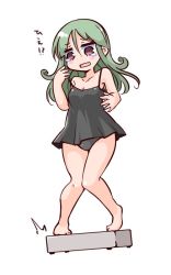 Rule 34 | 100 percent orange juice, 1girl, ^^^, alternate costume, bare arms, bare legs, bare shoulders, barefoot, black camisole, black panties, blush stickers, breasts, camisole, commentary request, dutch angle, female focus, full body, green hair, hand up, hono, krilalaris (orange juice), long hair, official art, open mouth, panties, qp shooting, red eyes, simple background, small breasts, solo, standing, tears, translation request, underwear, underwear only, wavy mouth, weighing scale, weight conscious, white background