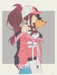 Rule 34 | 1girl, alternate costume, antenna hair, baseball cap, blue eyes, blush, brown hair, closed mouth, commentary request, creatures (company), earrings, from side, game freak, gen 5 pokemon, hari611, hat, high ponytail, highres, hilda (pokemon), jacket, jewelry, long hair, nail polish, nintendo, off shoulder, on shoulder, pink jacket, pokemon, pokemon (creature), pokemon bw, pokemon on shoulder, red nails, shirt, sidelocks, smile, tepig, two-tone headwear, white shirt