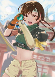 Rule 34 | 1girl, absurdres, architecture, armor, asymmetrical gloves, blurry, blurry background, bokeh, breasts, brown eyes, brown gloves, brown hair, brown shorts, cloud, commentary, cowboy shot, crop top, cropped sweater, depth of field, doseki89, east asian architecture, final fantasy, final fantasy vii, final fantasy vii remake, fingerless gloves, fishnets, furrowed brow, gloves, green sweater, groin, headband, highres, holding, looking at viewer, materia, medium breasts, midriff, navel, open fly, open mouth, outdoors, pagoda, ribbed sweater, short hair, shorts, shouting, sky, sleeveless, sleeveless sweater, sleeveless turtleneck, solo, squa, sweater, turtleneck, turtleneck sweater, unbuttoned, uneven gloves, wutai, yuffie kisaragi