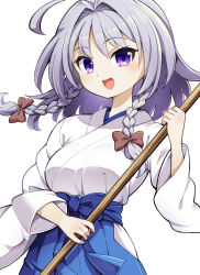 Rule 34 | 1girl, ahoge, alternate costume, alternate eye color, blue bow, blue skirt, blush, bow, braid, breasts, broom, brown bow, commentary request, futa (nabezoko), grey hair, hair bow, hakama, hakama skirt, hands up, holding, holding broom, izayoi sakuya, japanese clothes, long sleeves, looking at viewer, medium breasts, open mouth, purple eyes, shirt, short hair, simple background, skirt, smile, solo, standing, touhou, twin braids, white background, white shirt, wide sleeves