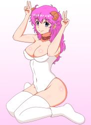 Rule 34 | 1girl, animal collar, belt collar, blue eyes, blush, breasts, cleavage, collar, covered erect nipples, covered navel, double v, female focus, full body, gradient background, happy new year, highres, horns, large breasts, long hair, looking at viewer, new year, original, personification, pink hair, sheep girl, sheep horns, sitting, smile, solo, taka (copyrobot), thighhighs, v, wariza, white thighhighs