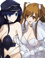 Rule 34 | 10s, 2girls, bare shoulders, blue eyes, blue hair, blush, breasts, brown eyes, brown hair, capelet, choker, cleavage, crop top, elbow gloves, gloves, hat, large breasts, locked arms, looking at viewer, multiple girls, ogiso setsuna, open mouth, peaked cap, pupps, simple background, smile, touma kazusa, two side up, upper body, white album (series), white album 2, white background, white gloves