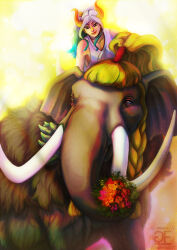 Rule 34 | 1boy, 1girl, absurdres, blonde hair, blush, bouquet, braid, brown fur, collarbone, curled horns, flower, goldenemotions, gradient hair, highres, holding, holding bouquet, horns, jack (one piece), japanese clothes, kimono, long hair, mammoth, multicolored hair, one piece, oni horns, ponytail, riding, sleeveless, sleeveless kimono, tusks, watermark, white hair, yamato (one piece), yellow background