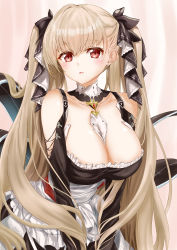 Rule 34 | 1girl, absurdres, azur lane, between breasts, black dress, blush, breasts, cleavage, commentary, cowboy shot, detached collar, dress, earrings, formidable (azur lane), hair between eyes, hair ribbon, highres, jewelry, large breasts, long hair, looking at viewer, parted lips, red eyes, ribbon, silver hair, solo, twintails, white neckwear, yam (yam6056)