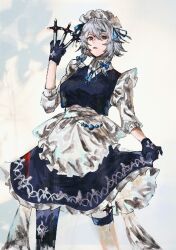 Rule 34 | 1girl, aojirozame1228, apron, between fingers, blue bow, blue dress, blue gloves, blue skirt, bow, braid, closed mouth, clothes lift, dagger, dress, embodiment of scarlet devil, frilled apron, frills, gloves, grey hair, hair bow, highres, holding, holding dagger, holding knife, holding weapon, izayoi sakuya, knife, knives between fingers, long sleeves, maid, maid apron, maid headdress, pleated dress, pleated skirt, red eyes, short hair, side braid, simple background, single thighhigh, skirt, skirt lift, solo, thigh strap, thighhighs, touhou, twin braids, waist apron, weapon, white background, white hair