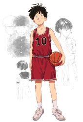 Rule 34 | 1boy, 1girl, absurdres, alternate costume, ball, basketball, basketball (object), basketball jersey, basketball uniform, black hair, ch0og0o, closed mouth, commentary, english commentary, full body, highres, holding, holding ball, kageyama shigeo, mob psycho 100, red shorts, red tank top, shoes, short hair, shorts, simple background, slam dunk (series), sneakers, sportswear, standing, tank top, white background, white footwear
